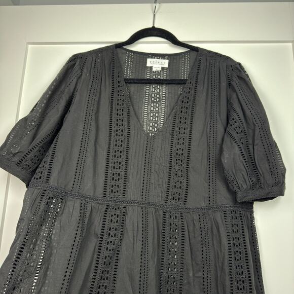 Velvet Margaret V-Neck Broderie Anglaise Mini Dress Black Size Medium - Picture 5 of 10
